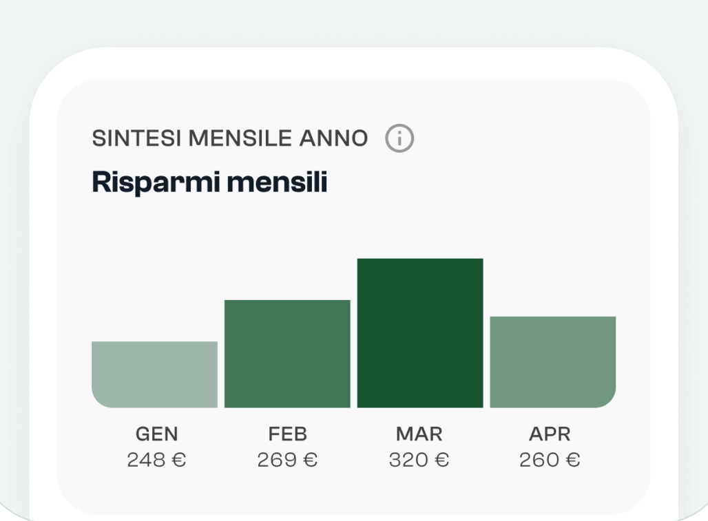 Report dei risparmi mensili di Blin: gennaio 248 €, febbraio 269 €, marzo 320 €, aprile 260 €