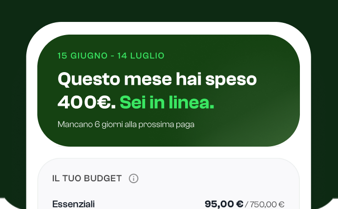 Schermata di Blin: questo mese hai speso 400 €, sei in linea, mancano 6 giorni alla prossima paga