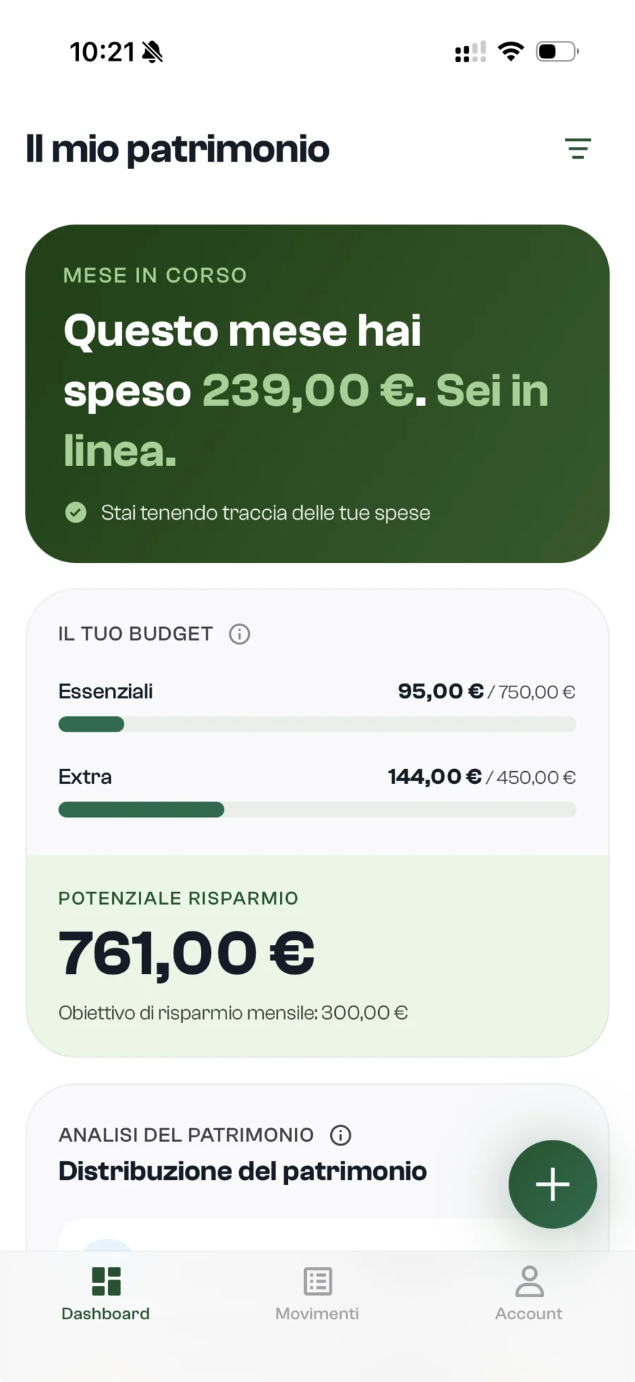Dashboard Blin con spese del mese e budget